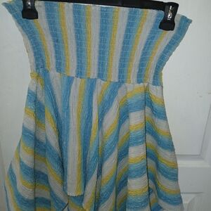 What's Hot Smocked Skirt/Tube Top W/handkerchief Hem- Blue and Yellow Stripes L